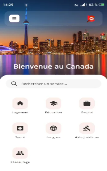 Écran d'accueil de l'application Intégration Canada
