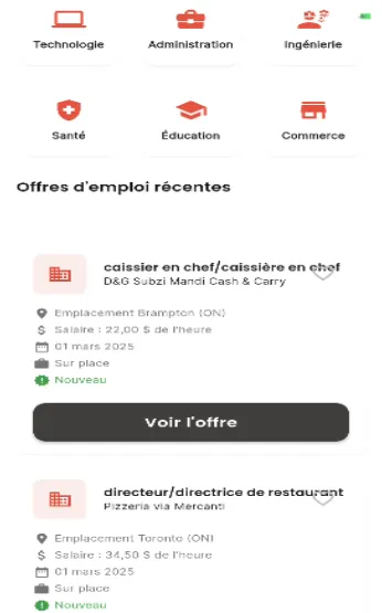 Capture d'écran de l'application : offres d'emploi
