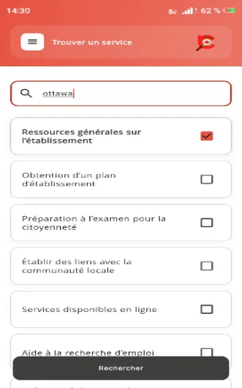 Capture d'écran de l'application : trouver un service